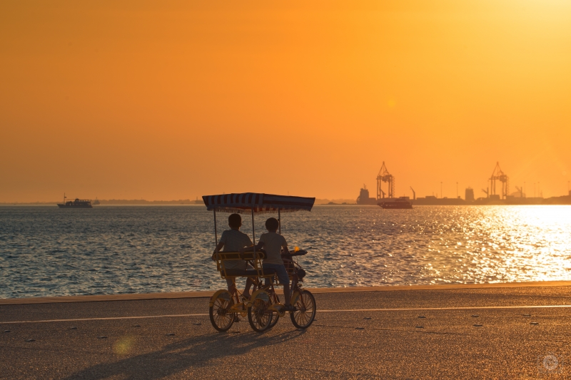 Children Ride Rickshaw Near the Sea at Sunset Background - High-quality free Photo in cattegory Sunset / Backgrounds from FreeArtBackgrounds.com