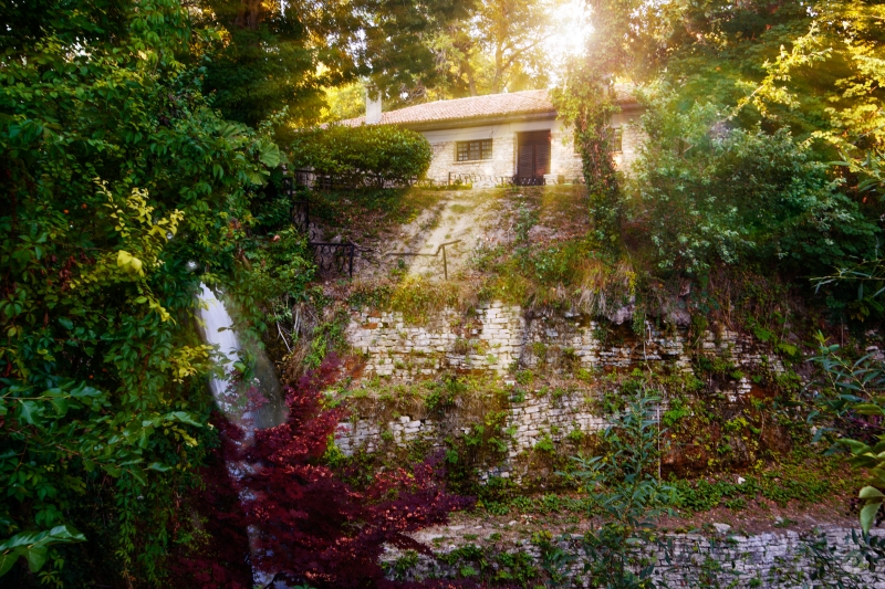 House Bathed in Sunlight Near Waterfall Background - High-quality free Photo in cattegory Country scene / Backgrounds from FreeArtBackgrounds.com